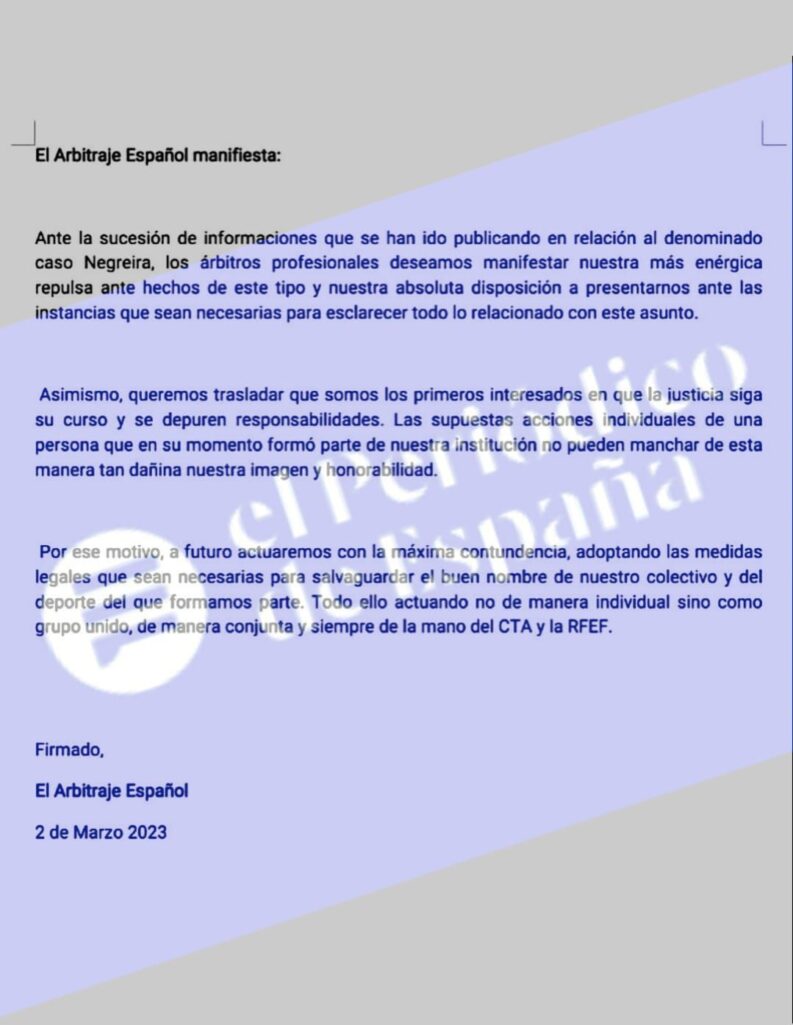El documento que estan firmando los arbitros para mostrar su “repulsa” al Caso Negreira : Deportes de España