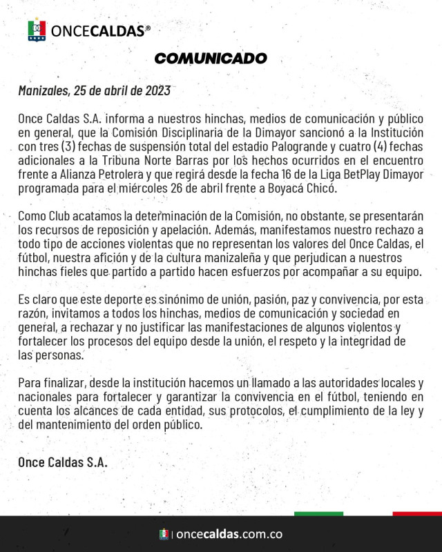 Dimayor sanciona con tres fechas al Palogrande y cuatro adicionales a la tribuna norte : Deportes de Colombia