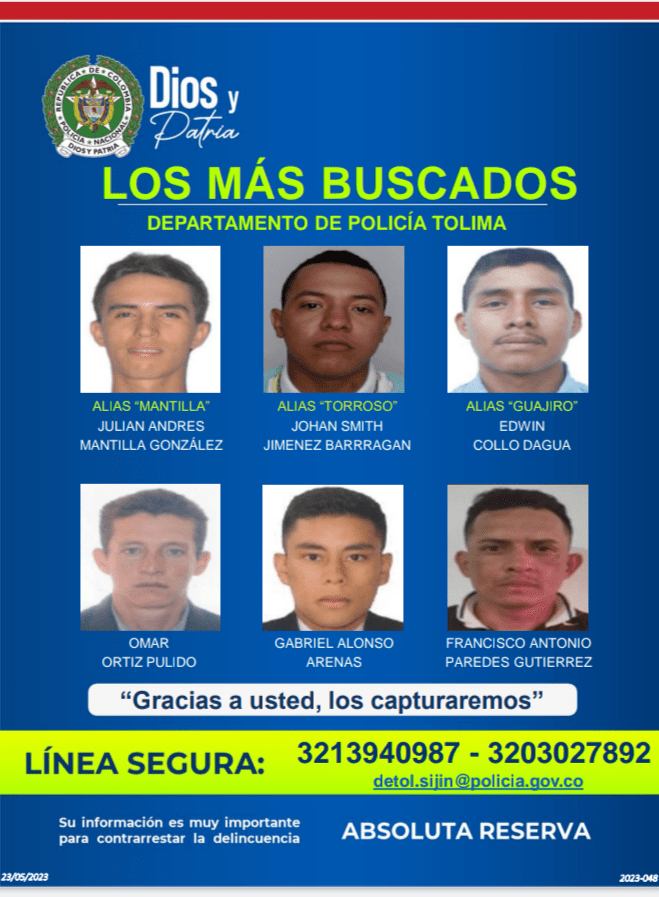 Cartel de los 6 mas buscados en Tolima: son peligrosos criminales : Noticias de Colombia