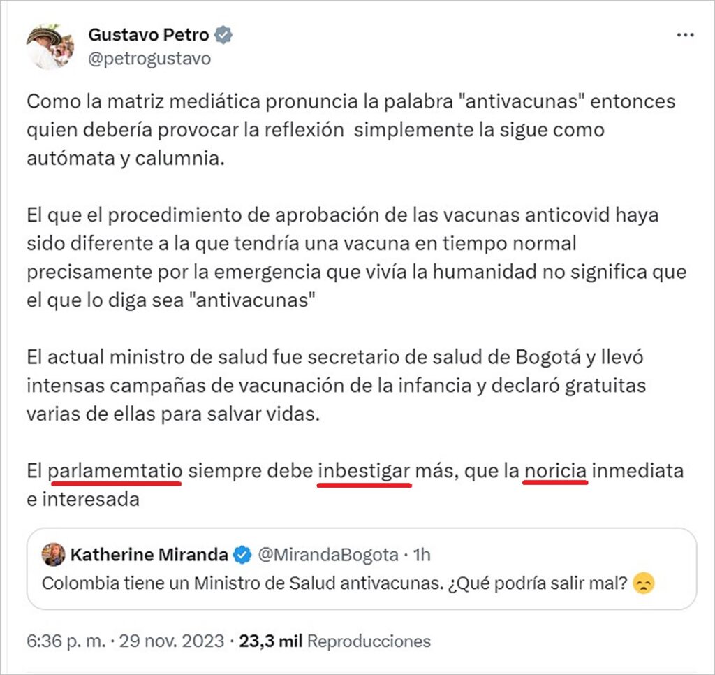 Gustavo Petro escribe “inbestigar” lo critican por mala ortografia en sus trinos : Noticias de Colombia
