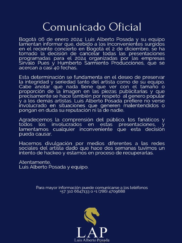 Luis Alberto Posada tomo drastica decision con futuros show que estaban programados. : Entretenimiento de Colombia