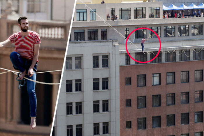 Video de infarto: descalzo cruza de un edificio a otro sobre una fina cuerda de acero : Noticias de